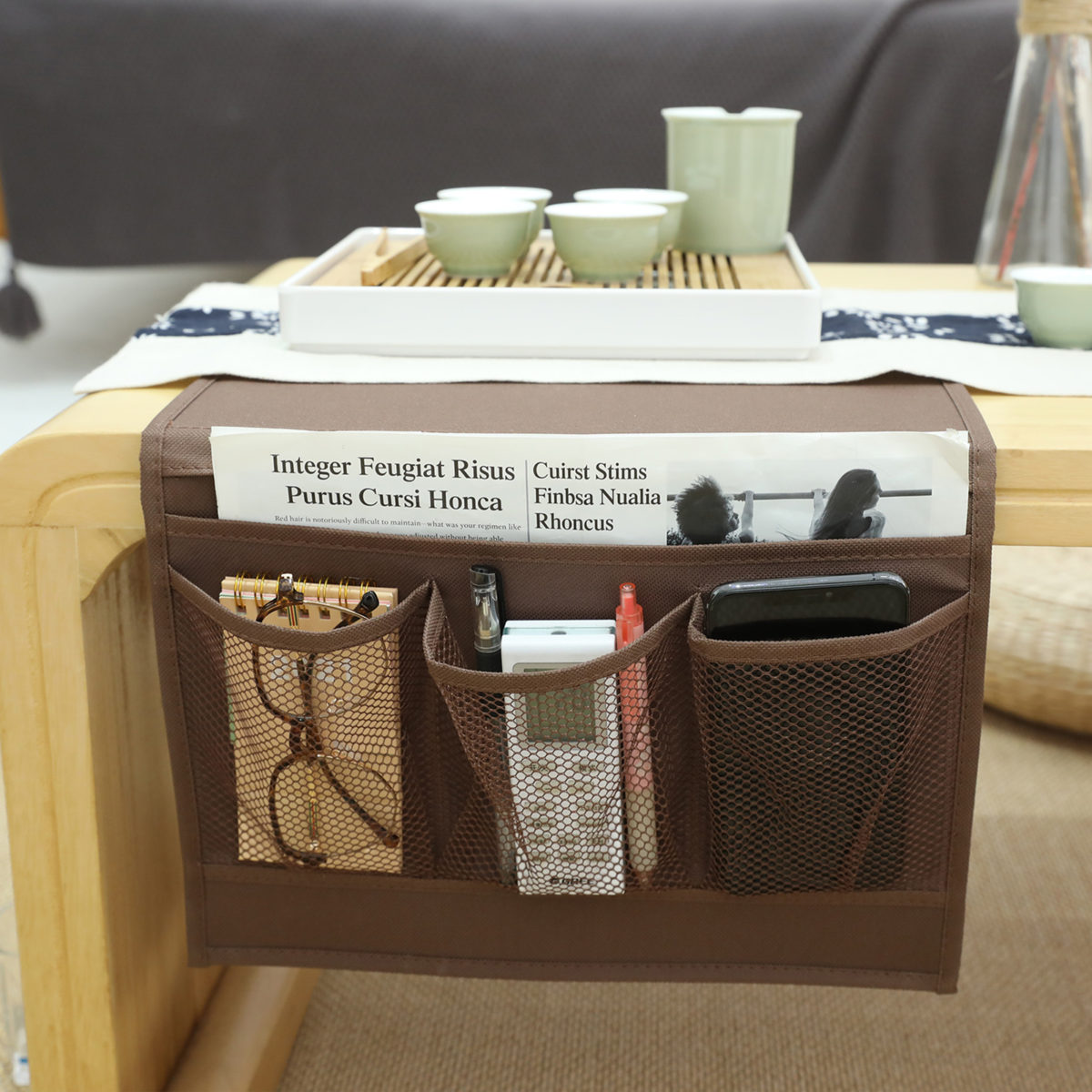 Bedside Caddy Organizer Brown Bed Side Storage With Divided Pocket Bed